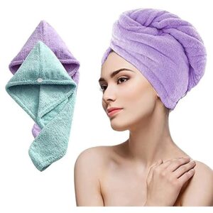 Hair Towel Wrap for Women-Quick Drying Microfiber Towel for Hair with Elastic Loop for Tying-Super Absorbent Head Towels Wrap for Ladies Hair Turban (Pack of 1-Assorted-Purple/Green)